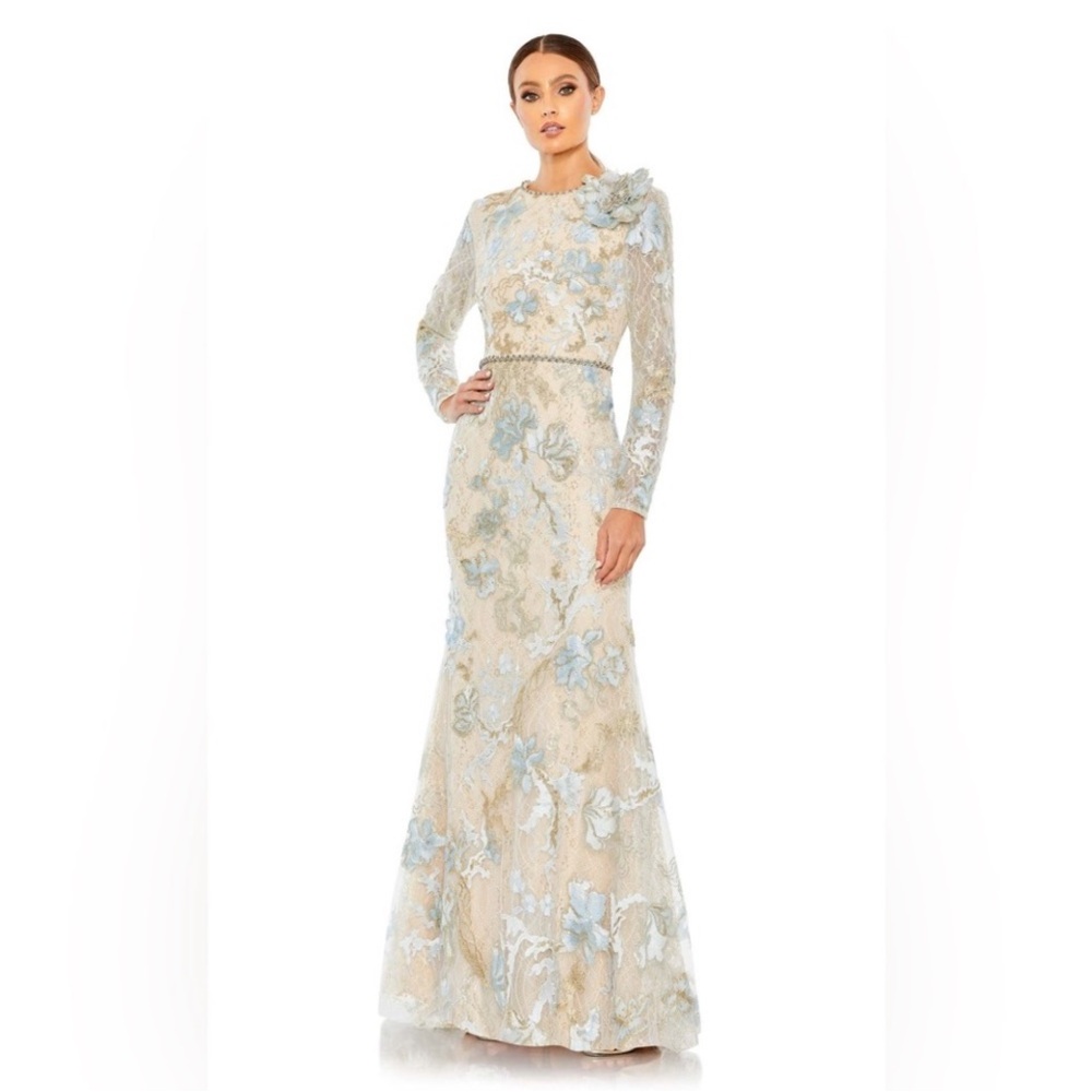 Max Duggal embroider Lace floral trumpet gown